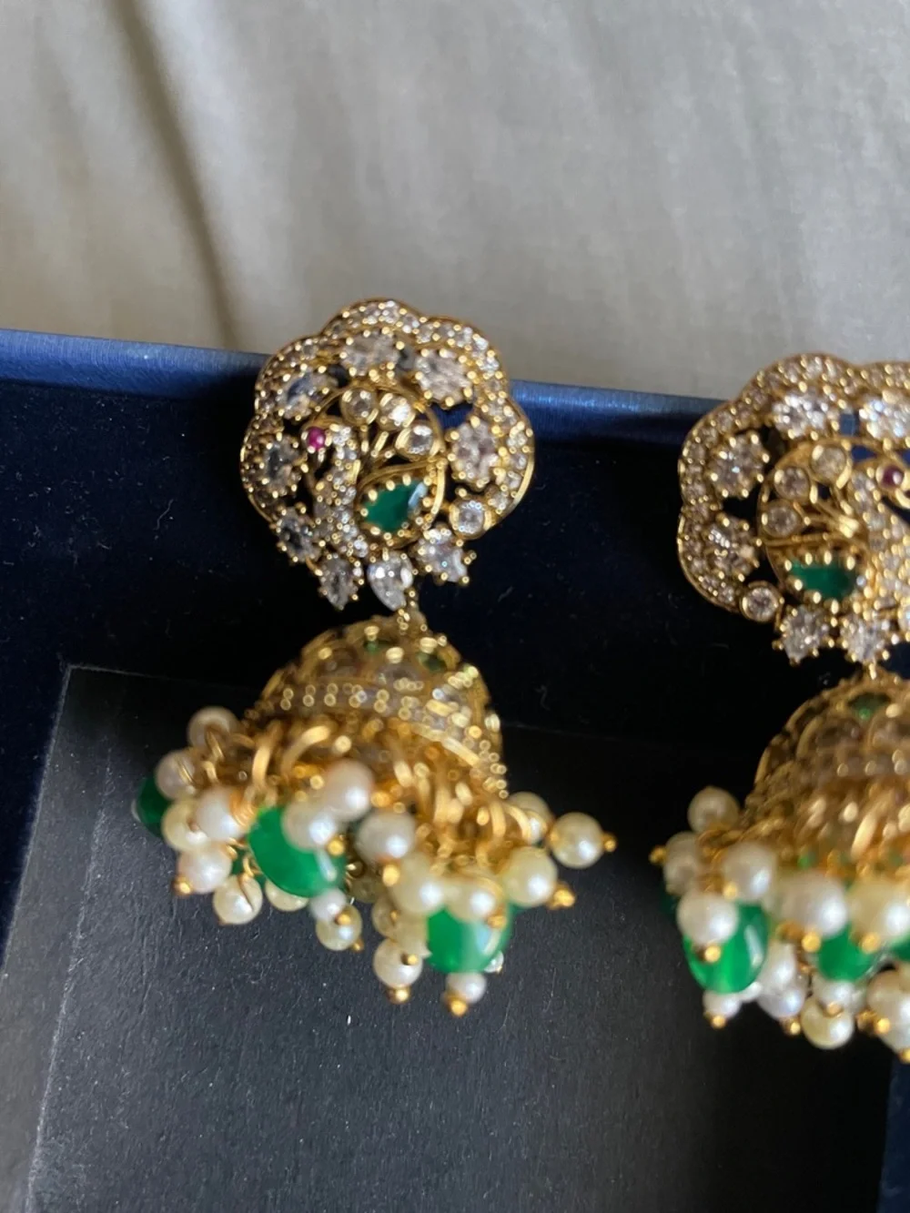 Gold-Tone Green and White Jhumka Earrings with Pearls